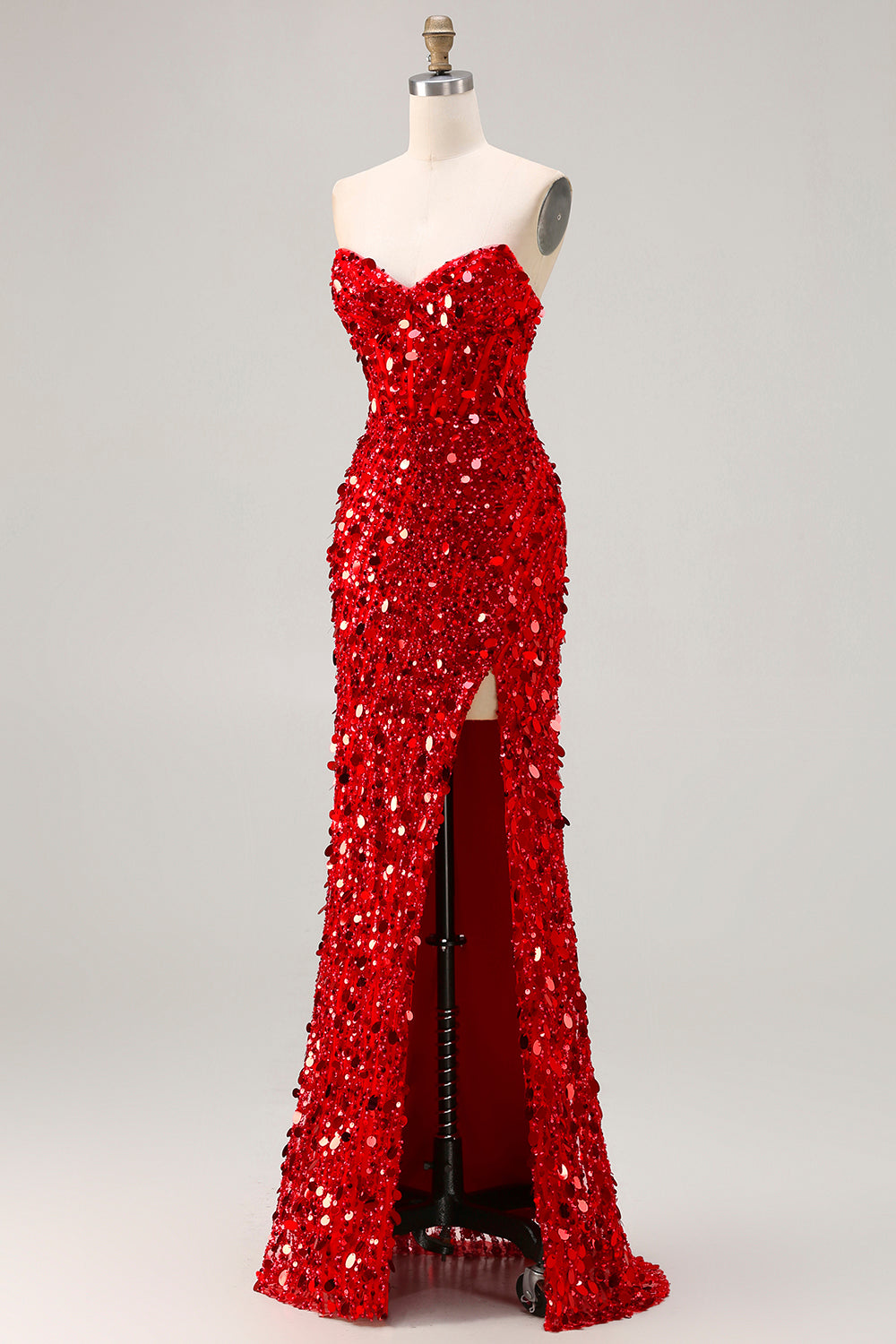 Sparkly Red Beaded Mermaid Long Corset Prom Dress with Slit