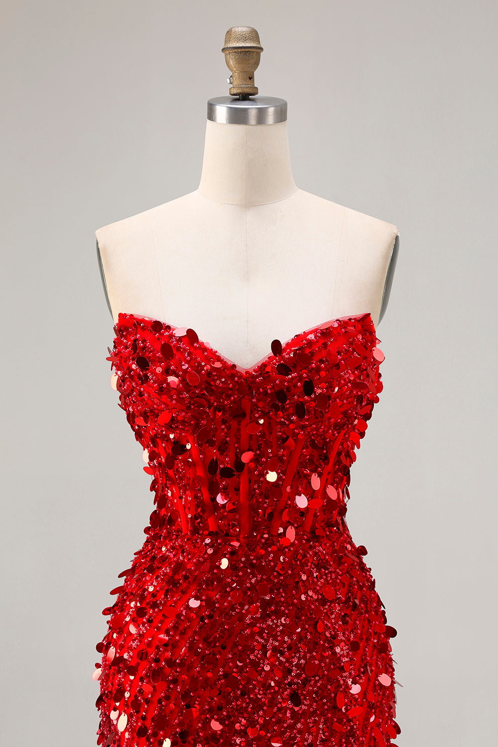 Sparkly Red Beaded Mermaid Long Corset Prom Dress with Slit
