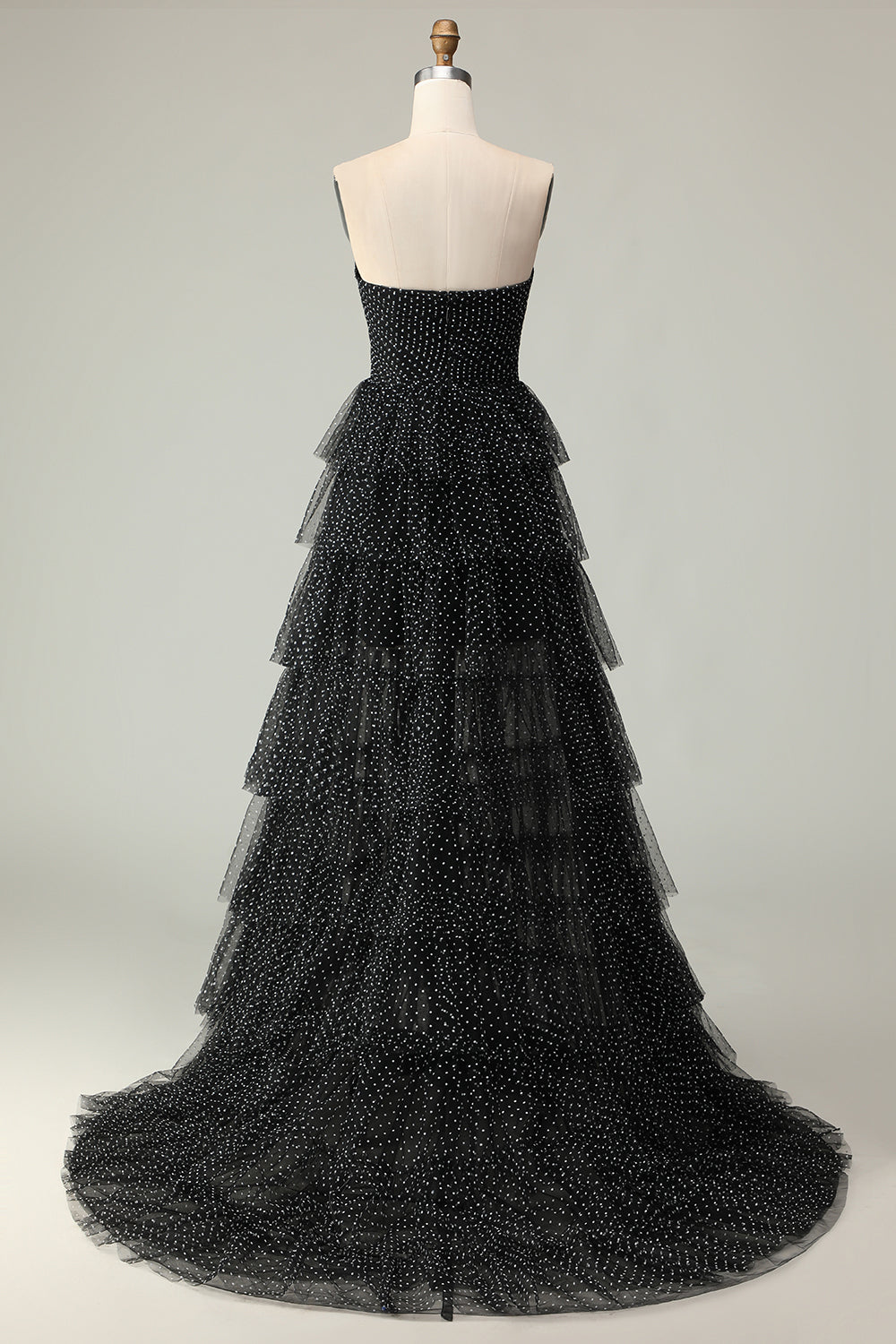 Black and White A Line Polka Dots Ruffled Long Corset Prom Dress with Slit