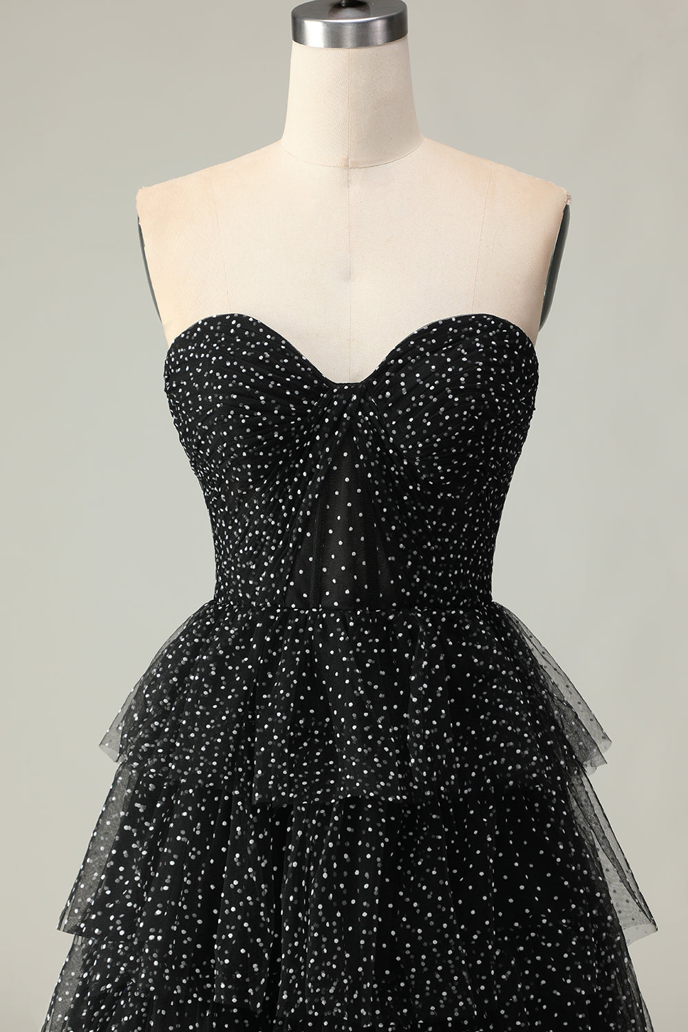 Black and White Polka Dots Ruffled Corset Long Prom Dress with Slit