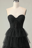 Black and White Polka Dots Ruffled Corset Long Prom Dress with Slit