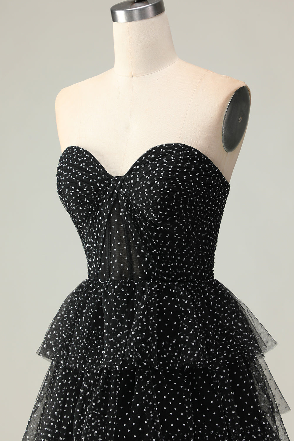 Black and White Polka Dots Ruffled Corset Long Prom Dress with Slit