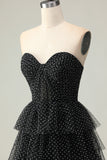 Black and White Polka Dots Ruffled Corset Long Prom Dress with Slit