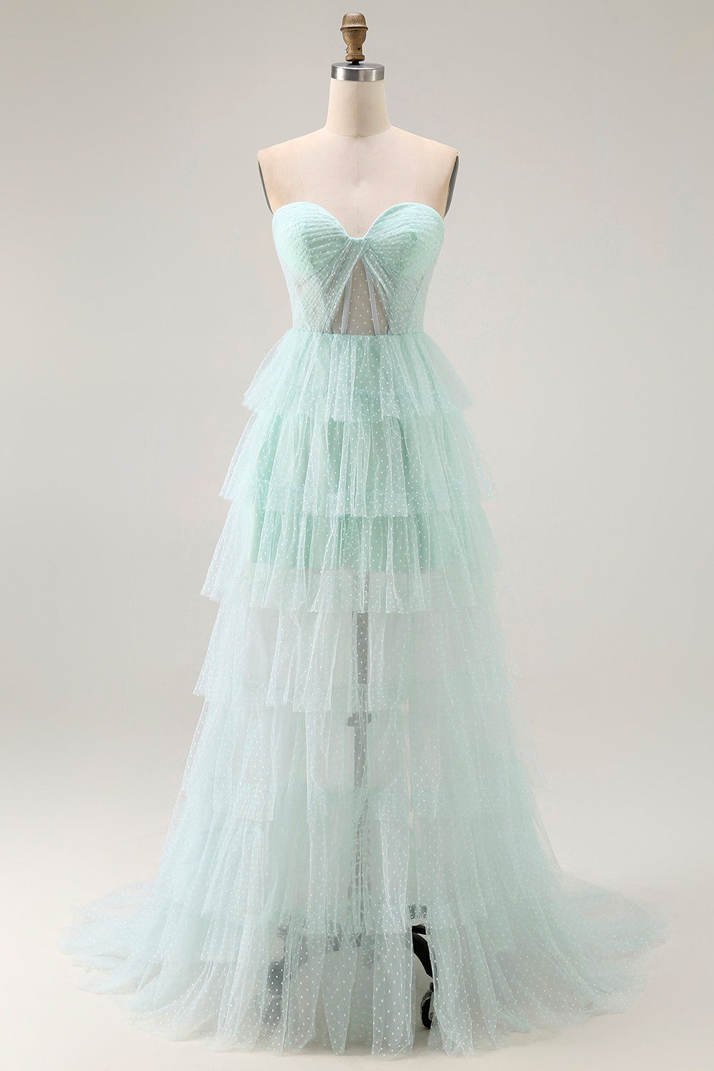 Light Green Sweetheart Tiered Long Prom Dress with Slit