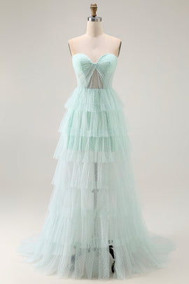 Light Green Sweetheart Tiered Long Prom Dress with Slit