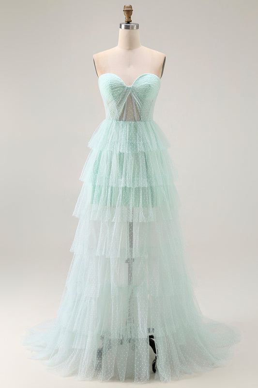 Light Green Sweetheart Tiered Long Prom Dress with Slit