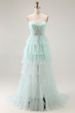 Light Green Sweetheart Tiered Long Prom Dress with Slit