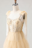 Sparkly Apricot Polka Dots Tiered Beaded Long Corset Prom Dress with Bows