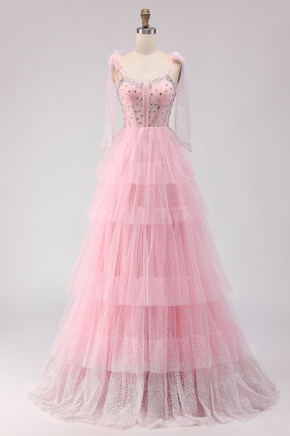 Sparkly Pink Tulle Polka Dots Tiered Long Corset Prom Dress with Beading