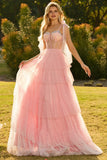 Sparkly Pink Tiered Polka Dots Beaded Long Corset Prom Dress with Ruffles