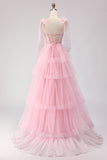 Sparkly Pink Tulle Polka Dots Tiered Long Corset Prom Dress with Beading