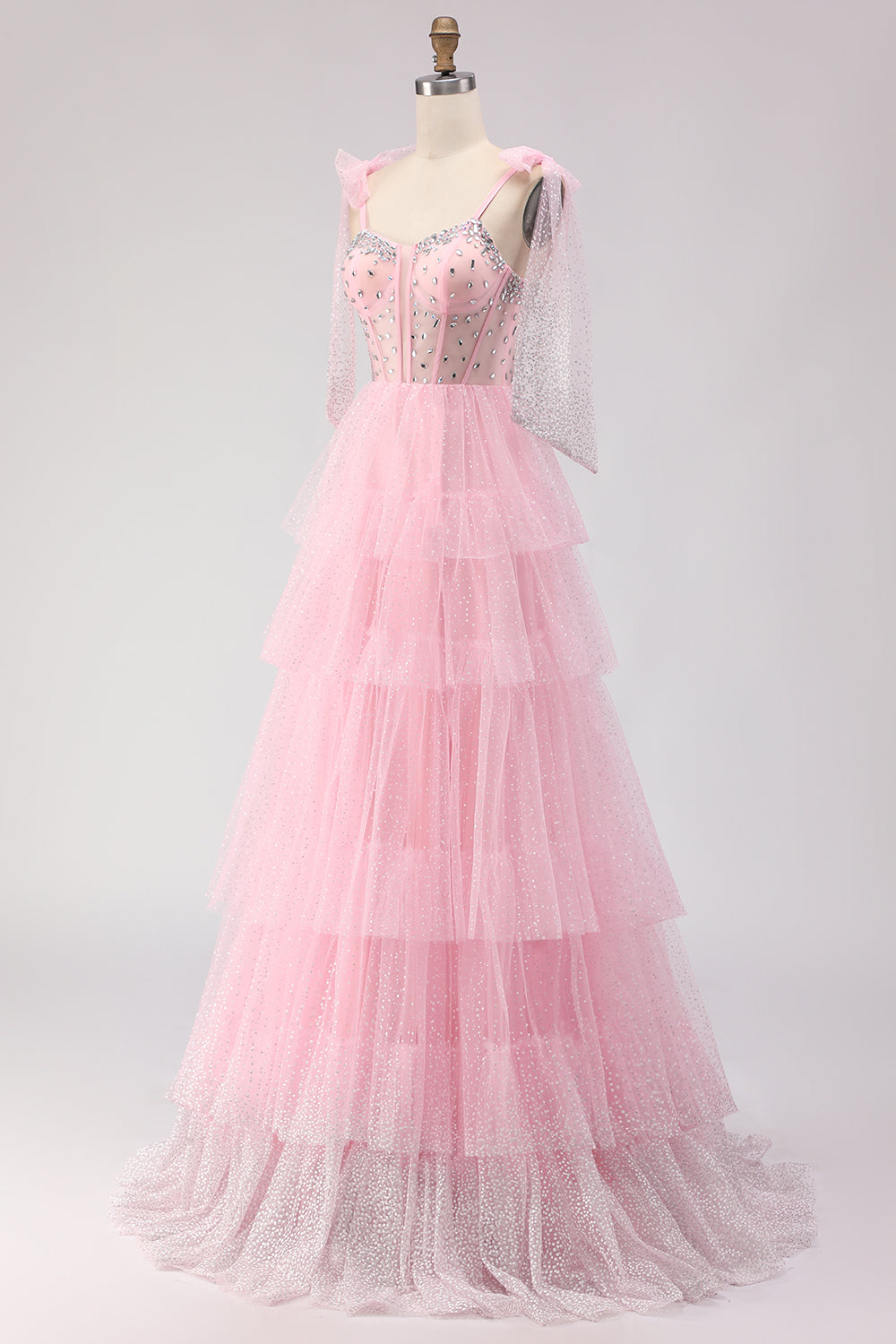 Sparkly Pink Tulle Polka Dots Tiered Long Corset Prom Dress with Beading