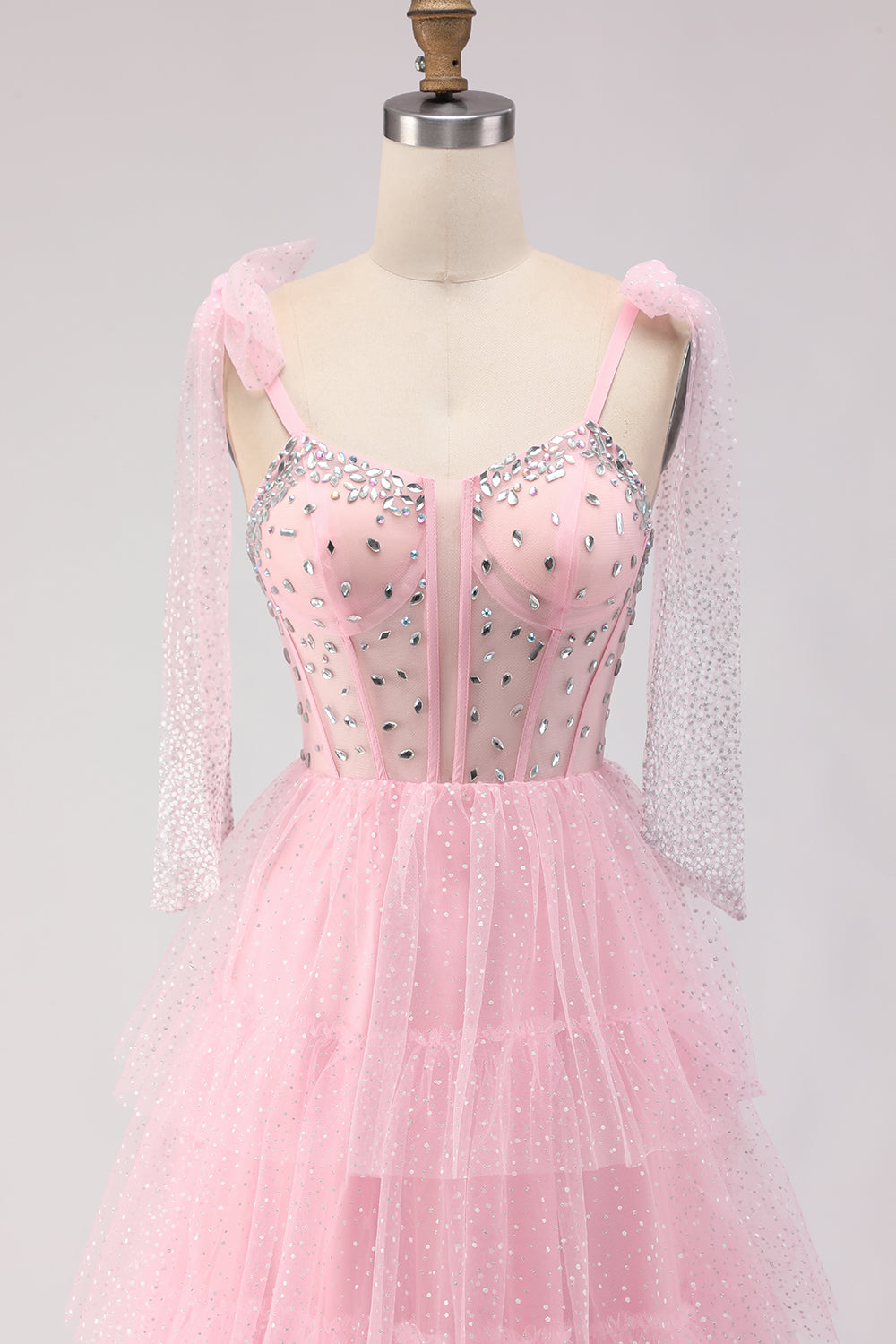 Sparkly Pink Tulle Polka Dots Tiered Long Corset Prom Dress with Beading