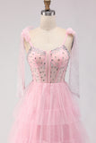 Sparkly Pink Tulle Polka Dots Tiered Long Corset Prom Dress with Beading