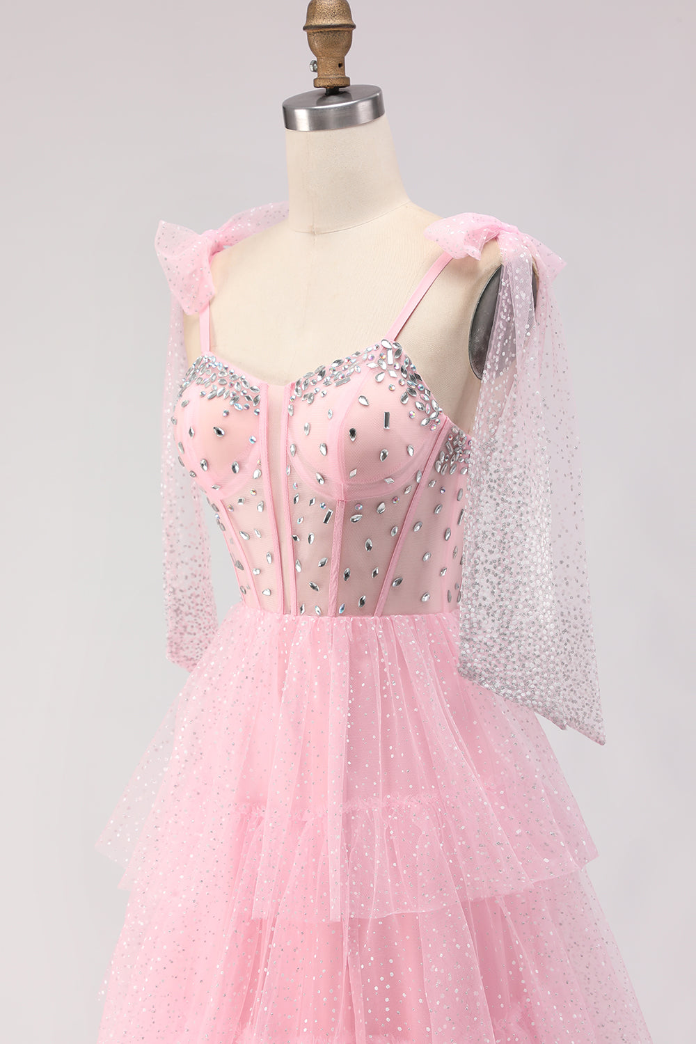 Sparkly Pink Tulle Polka Dots Tiered Long Corset Prom Dress with Beading