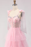 Sparkly Pink Tulle Polka Dots Tiered Long Corset Prom Dress with Beading