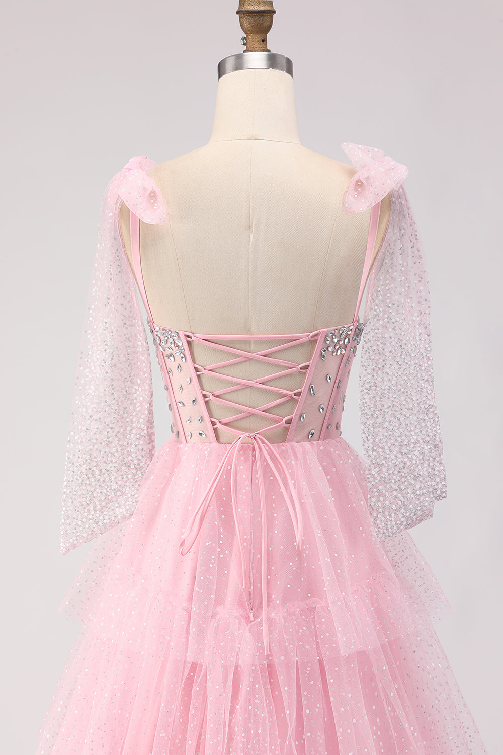 Sparkly Pink Tulle Polka Dots Tiered Long Corset Prom Dress with Beading