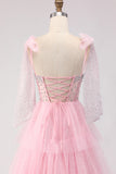 Sparkly Pink Tulle Polka Dots Tiered Long Corset Prom Dress with Beading