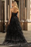 Sparkly Black and White Polka Dots A Line Tiered Long Corset Prom Dress