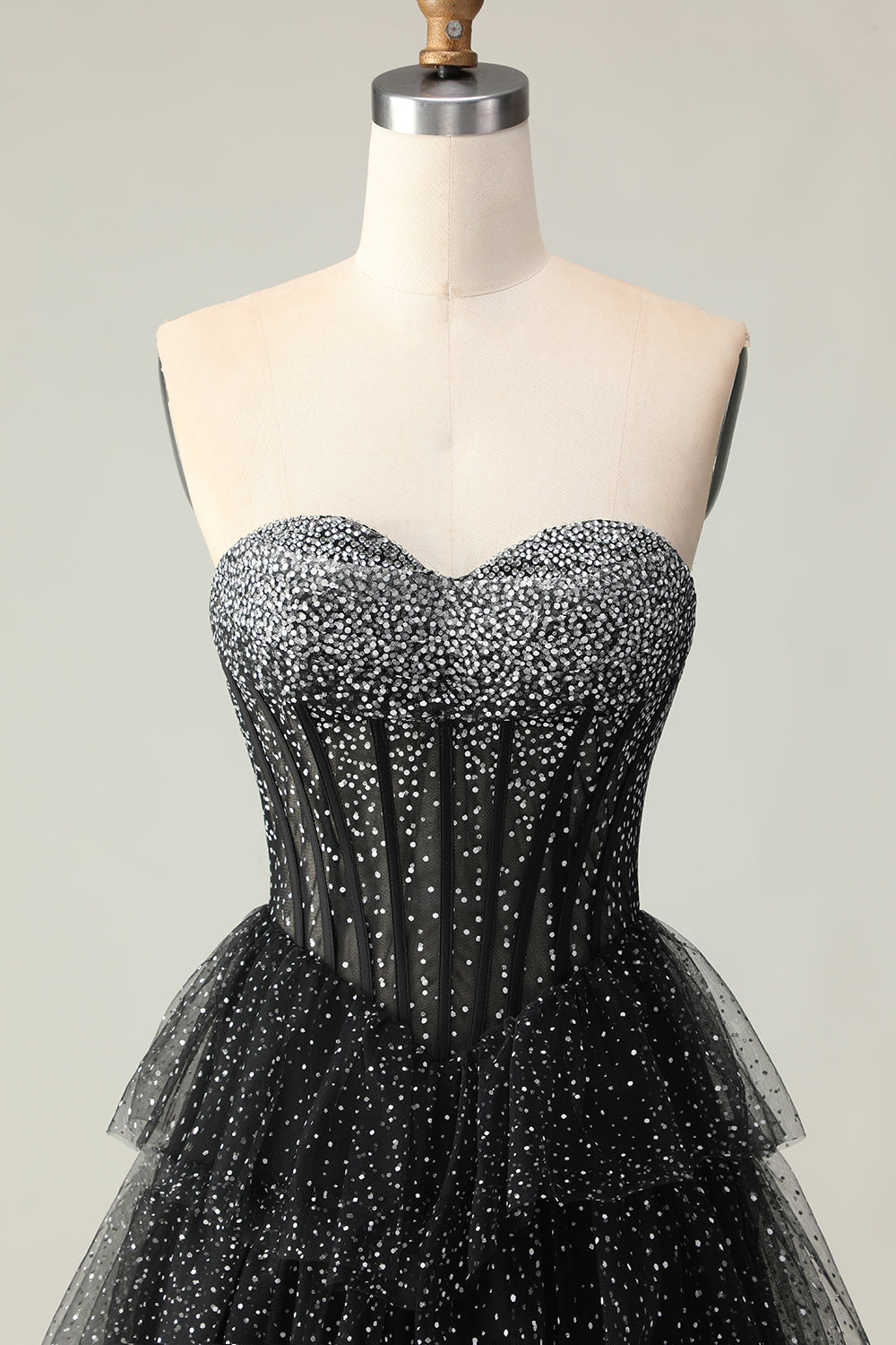 Sparkly Black and White Polka Dots Ruffled Sweetheart Long Corset Prom Dress