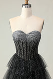 Sparkly Black and White Polka Dots Ruffled Sweetheart Long Corset Prom Dress