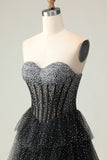 Sparkly Black and White Polka Dots Ruffled Sweetheart Long Corset Prom Dress