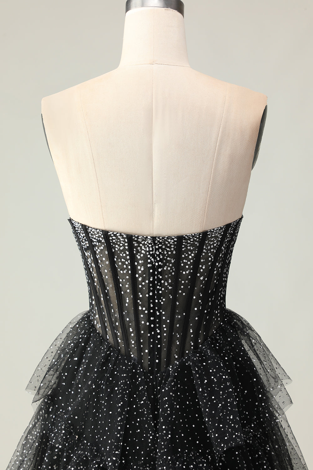 Sparkly Black and White Polka Dots Ruffled Sweetheart Long Corset Prom Dress