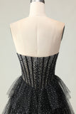 Sparkly Black and White Polka Dots Ruffled Sweetheart Long Corset Prom Dress
