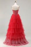 Sparkly Red and White Polka Dots Ruffled Sweetheart Long Corset Prom Dress