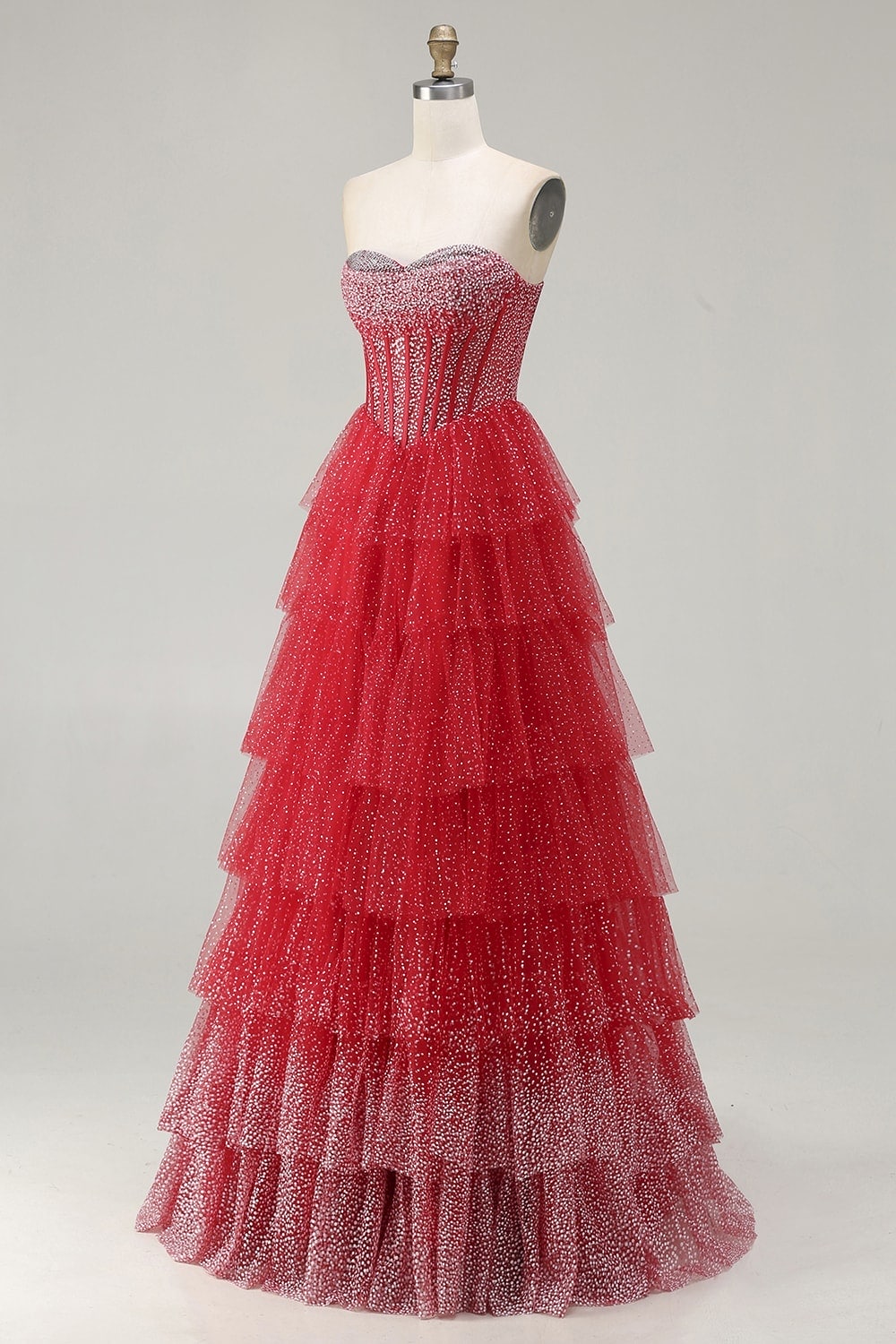 Sparkly Red and White Polka Dots Ruffled Sweetheart Long Corset Prom Dress