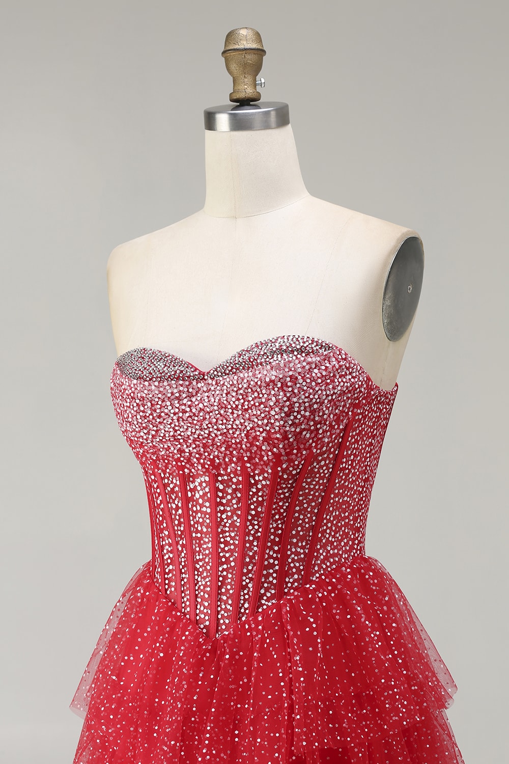 Sparkly Red and White Polka Dots Ruffled Sweetheart Long Corset Prom Dress