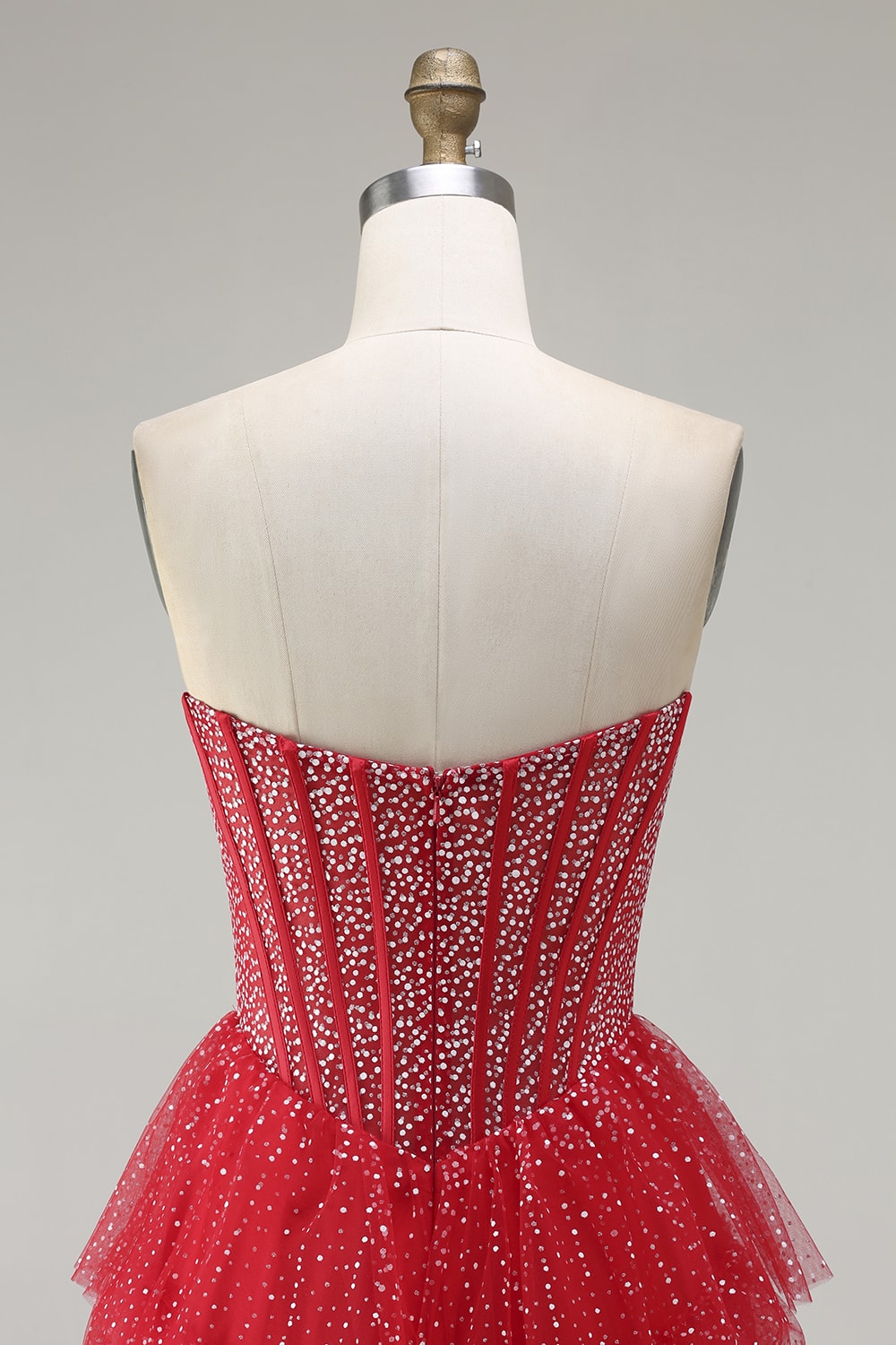 Sparkly Red and White Polka Dots Ruffled Sweetheart Long Corset Prom Dress