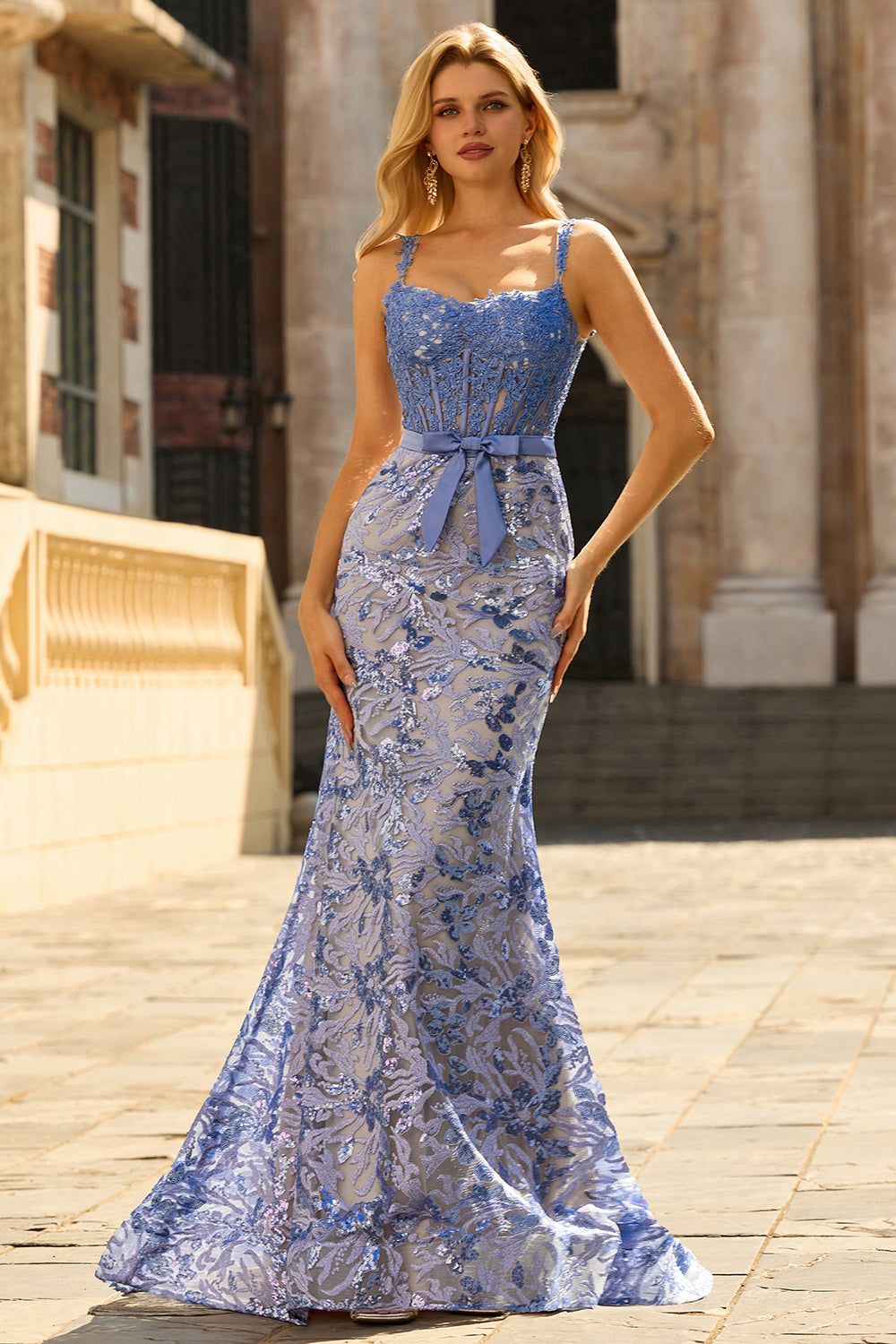 Grey Blue Lace Mermaid Long Corset Prom Dress with Bow