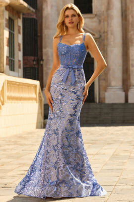 Grey Blue Lace Mermaid Long Corset Prom Dress with Bow