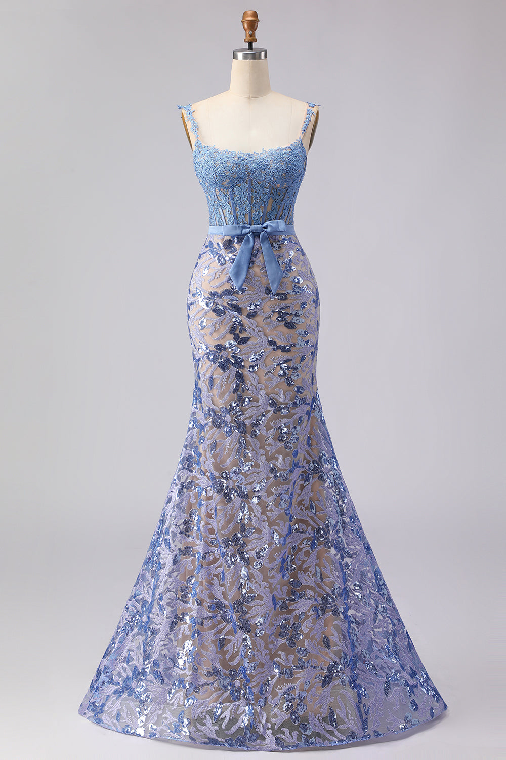 Grey Blue Lace Mermaid Long Corset Prom Dress with Bow