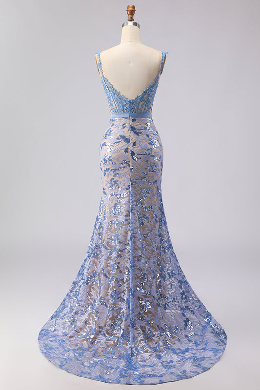 Grey Blue Mermaid Lace Long Corset Prom Dress with Bow