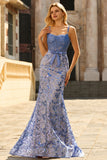 Grey Blue Lace Mermaid Long Corset Prom Dress with Bow