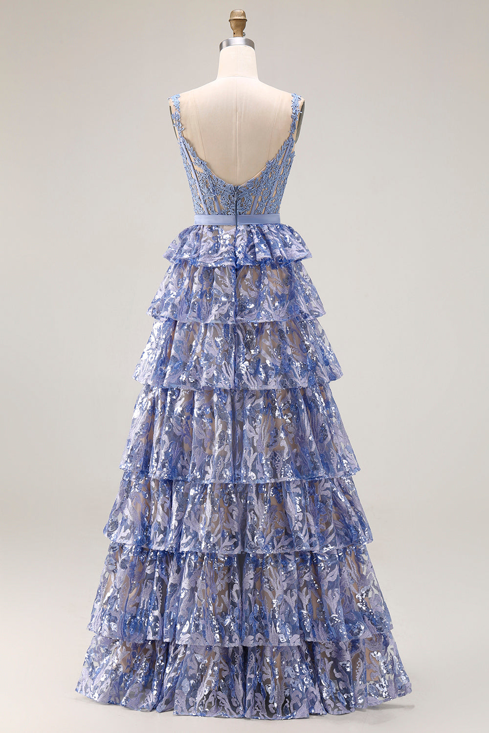 Sparkly Grey Blue Lace A Line Tiered Long Corset Prom Dress with Slit