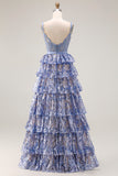 Sparkly Grey Blue Lace A Line Tiered Long Corset Prom Dress with Slit