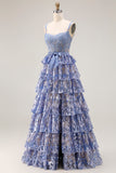 Sparkly Grey Blue Tiered Lace Long Corset Prom Dress with Slit