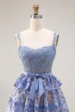 Sparkly Grey Blue Tiered Lace Long Corset Prom Dress with Slit