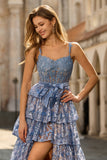 Sparkly Grey Blue Lace A Line Tiered Long Corset Prom Dress with Slit