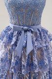 Sparkly Grey Blue Tiered Lace Long Corset Prom Dress with Slit