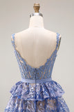 Sparkly Grey Blue Tiered Lace Long Corset Prom Dress with Slit