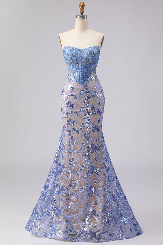 Sparkly Grey Blue Mermaid Lace Strapless Long Corset Prom Dress