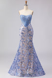 Sparkly Grey Blue Mermaid Lace Strapless Long Corset Prom Dress
