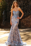 Sparkly Grey Blue Mermaid Lace Strapless Long Corset Prom Dress