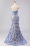 Sparkly Grey Blue Mermaid Lace Strapless Long Corset Prom Dress