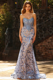 Sparkly Grey Blue Strapless Lace Mermaid Long Corset Prom Dress