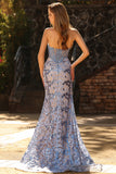 Sparkly Grey Blue Strapless Lace Mermaid Long Corset Prom Dress